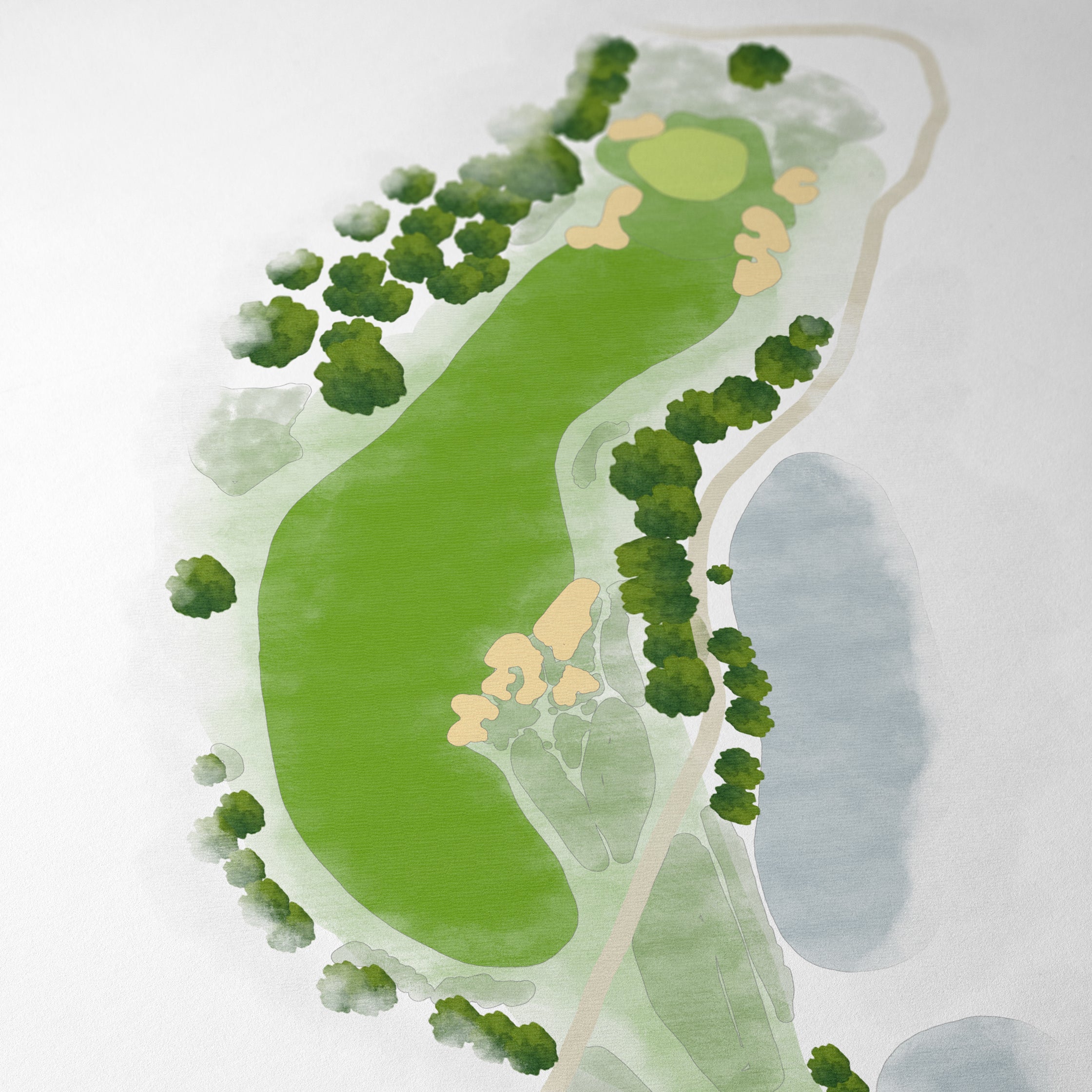 Golf course layout with green fairways, bunkers, and trees on a light gray background